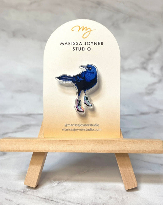Austin Grackle Acrylic Pin | Grackle Bird in Boots Pin | Bird Acrylic Pin - Marissa Joyner Studio