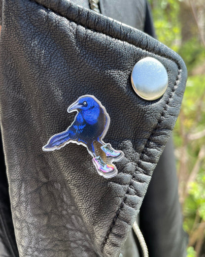 Austin Grackle Acrylic Pin | Grackle Bird in Boots Pin | Bird Acrylic Pin - Marissa Joyner Studio