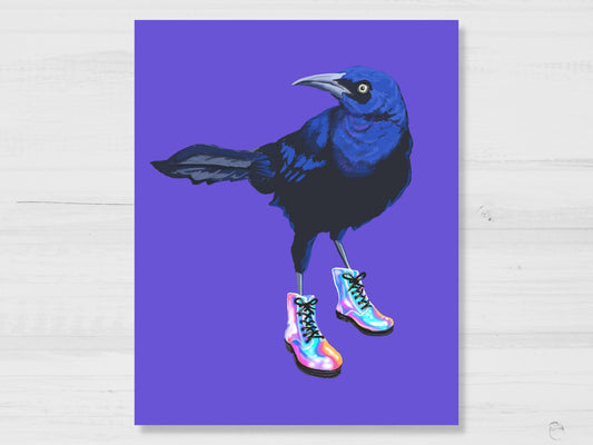 Austin Grackle Bird in Boots Art Print - Marissa Joyner Studio