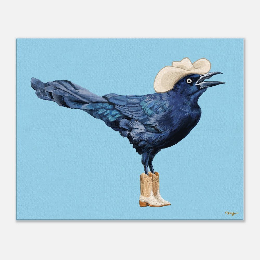 Grackle Cowboy Canvas Art Print , Grackle Cowboy Boots Wall Art, Grackle Bird Art - Marissa Joyner Studio